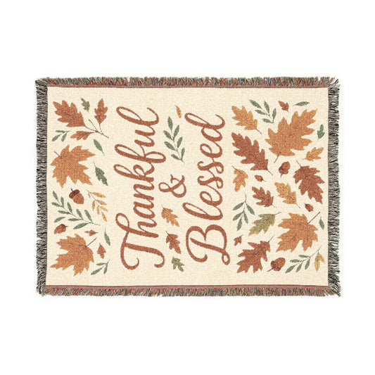 Cozy Woven Blanket, Thankful & Blessed Throw, Autumn Home Decor, Gift for Thanksgiving, Boho Style Blanket, Cozy Living Room Accessory