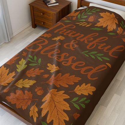 Thankful & Blessed Velveteen Plush Blanket - Cozy Fall Decor for Home, Thanksgiving Gift, Autumn Snuggle, Family Warmth, Seasonal Accent