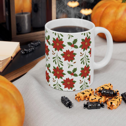 Festive Poinsettia Ceramic Mug | Holiday Coffee Cup, Christmas Gift, Flower Mug, Seasonal Drinkware, Winter Decor