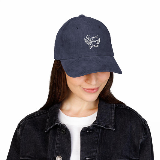 Cap, Vintage Corduroy Cap with Embroidery, Guard Your Grace, Hat, Retro Headwear, Fashion Accessory, Stylish Cap