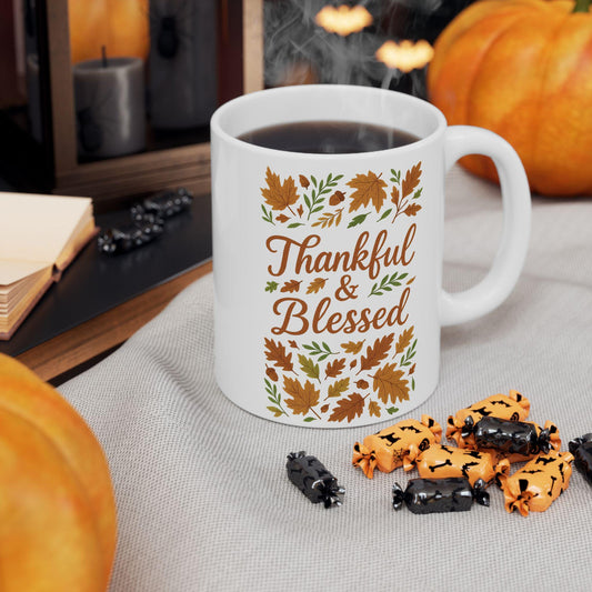 Thankful & Blessed Ceramic Mug | Fall Decor Gift for Coffee Lovers | Autumn Harvest, Thanksgiving, Hot Cocoa, Tea, Holiday Gift
