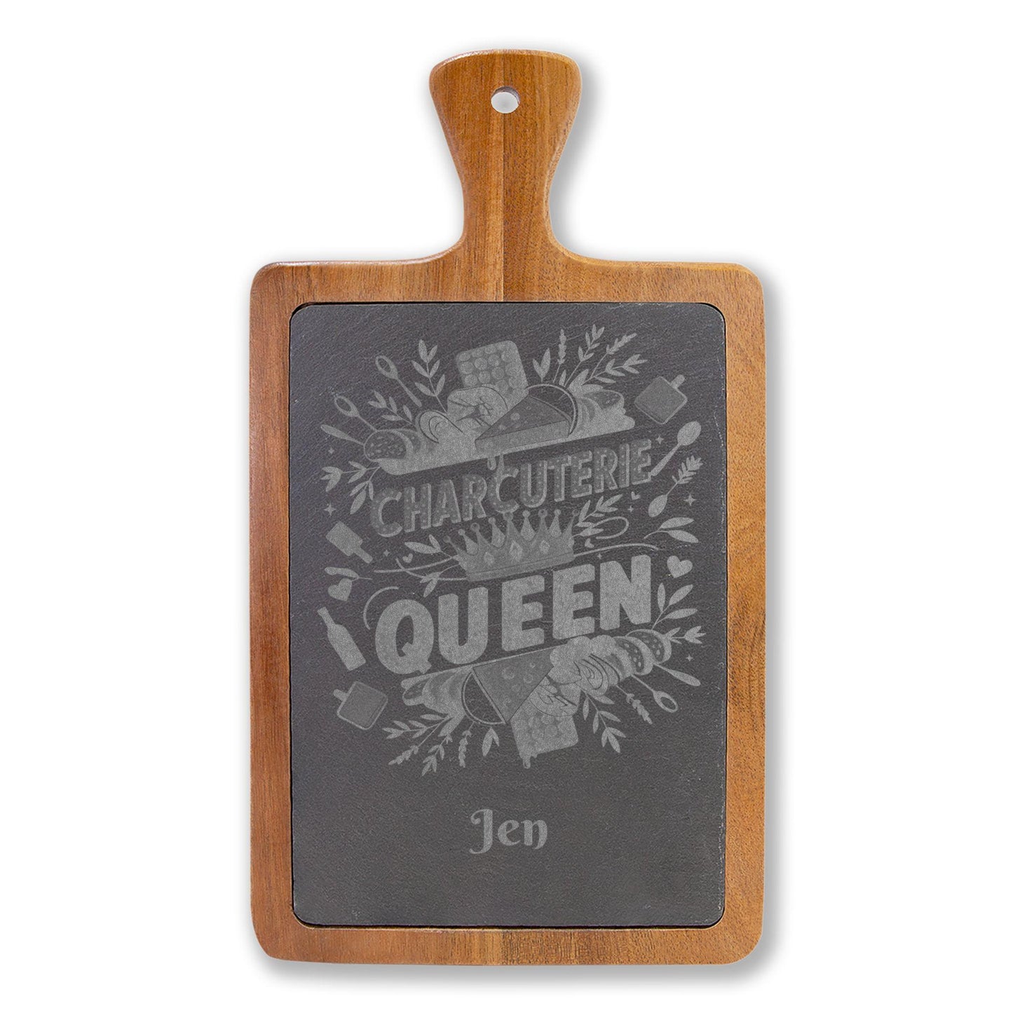 Charcuterie Queen engraved Board | Acacia wood cheese board with slate inset