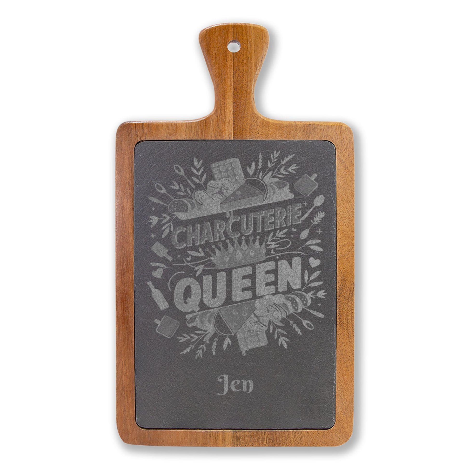 Charcuterie Queen engraved Board | Acacia wood cheese board with slate inset