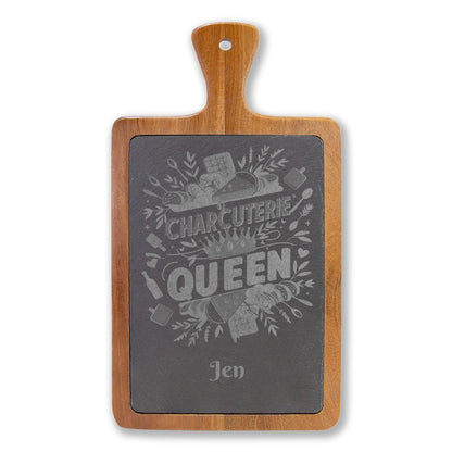 Charcuterie Queen engraved Board | Acacia wood cheese board with slate inset