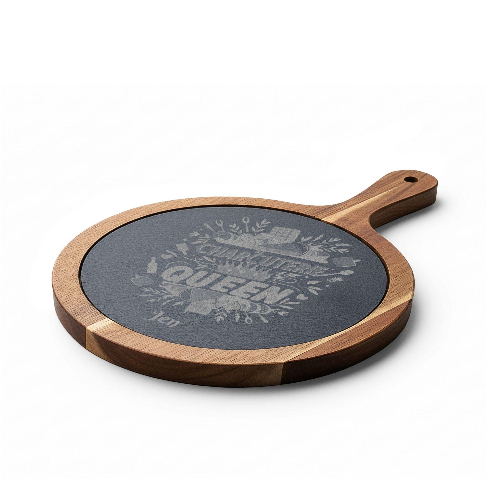 Charcuterie Queen engraved Board | Acacia wood cheese board with slate inset