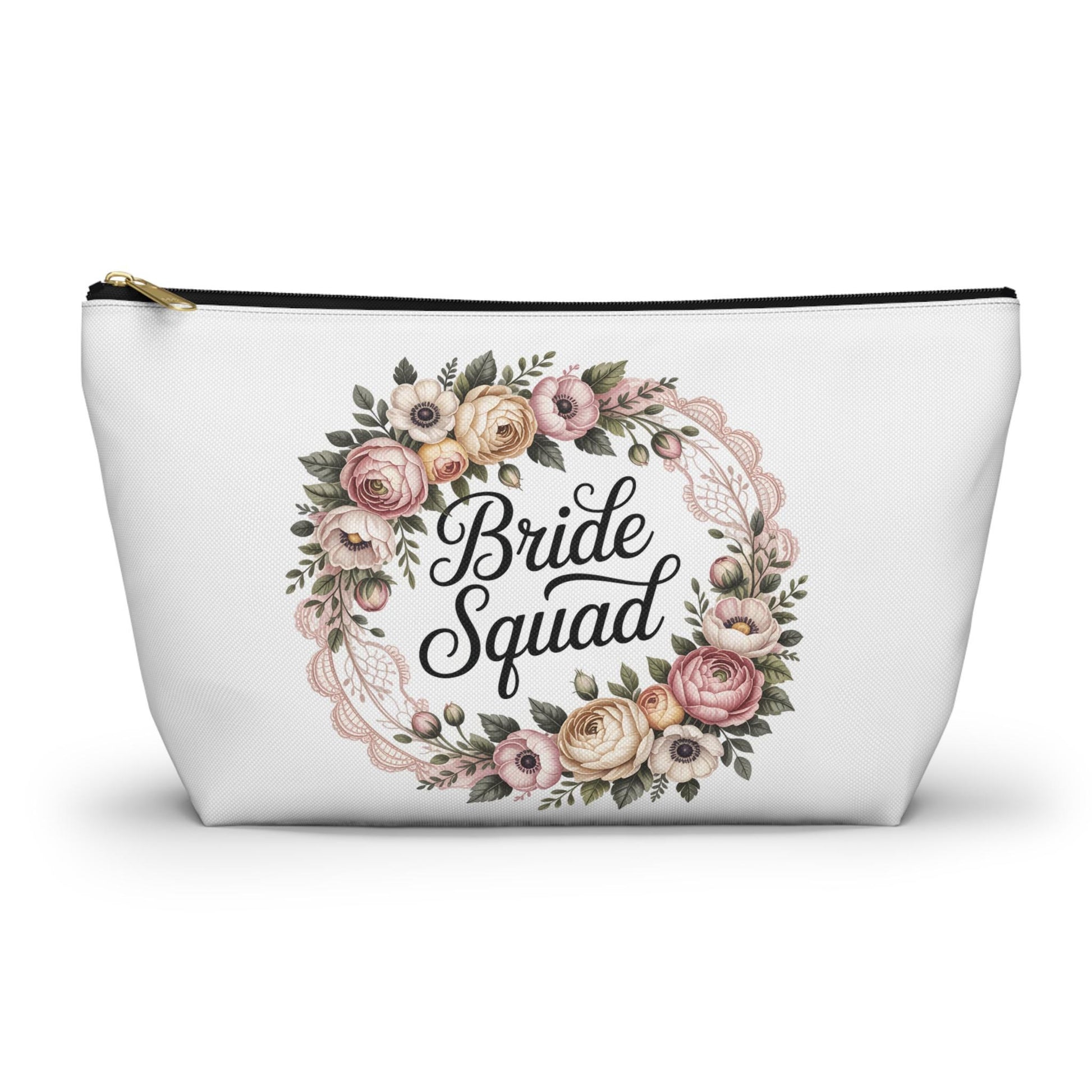 Bride Squad Accessory Pouch, Personalized Bridesmaid Makeup Bag | Floral Wreath Design