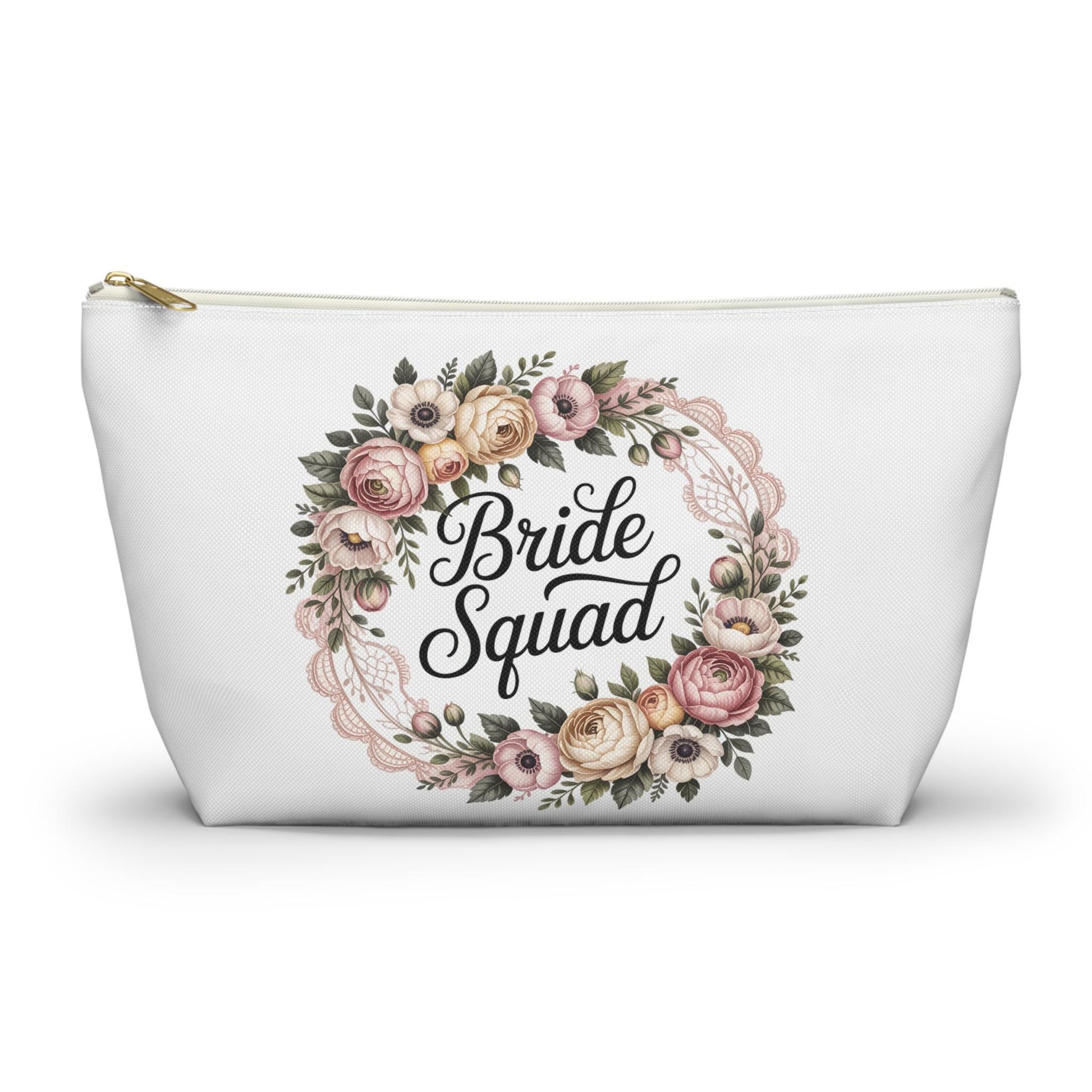 Bride Squad Accessory Pouch, Personalized Bridesmaid Makeup Bag | Floral Wreath Design