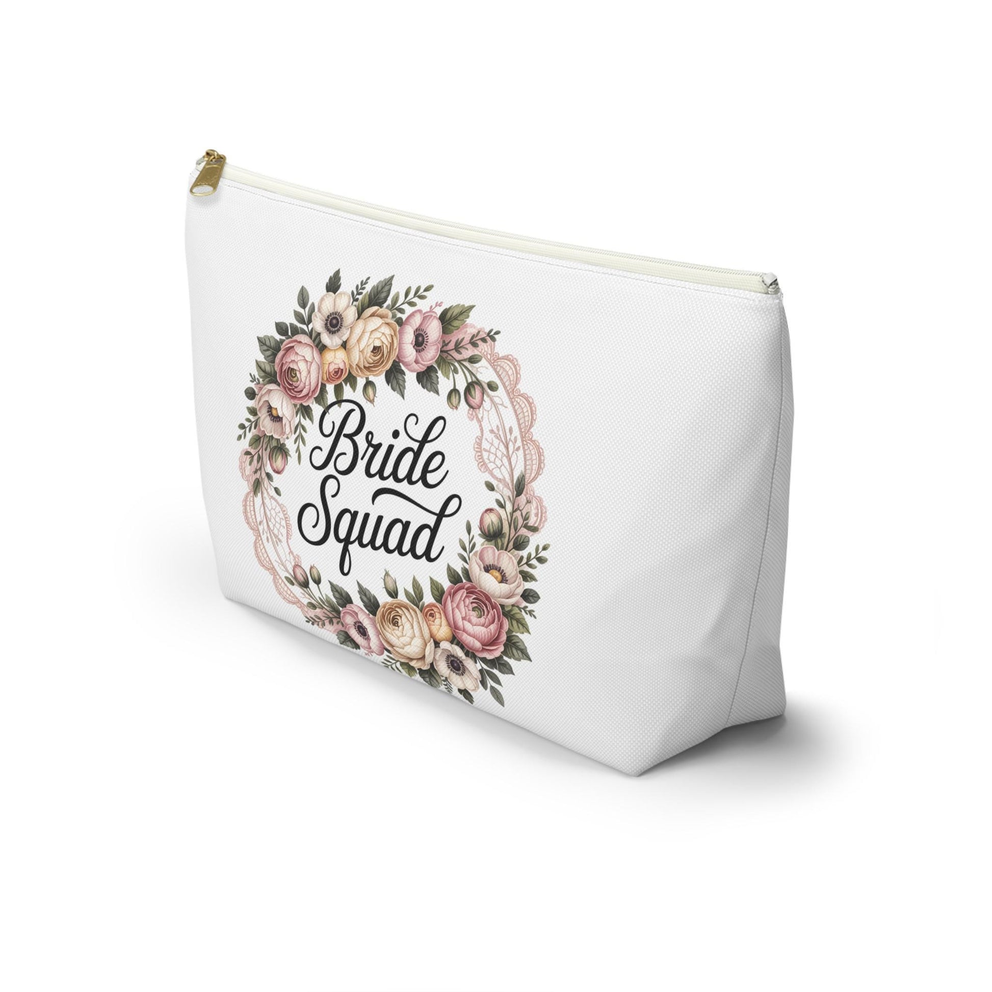Bride Squad Accessory Pouch, Personalized Bridesmaid Makeup Bag | Floral Wreath Design