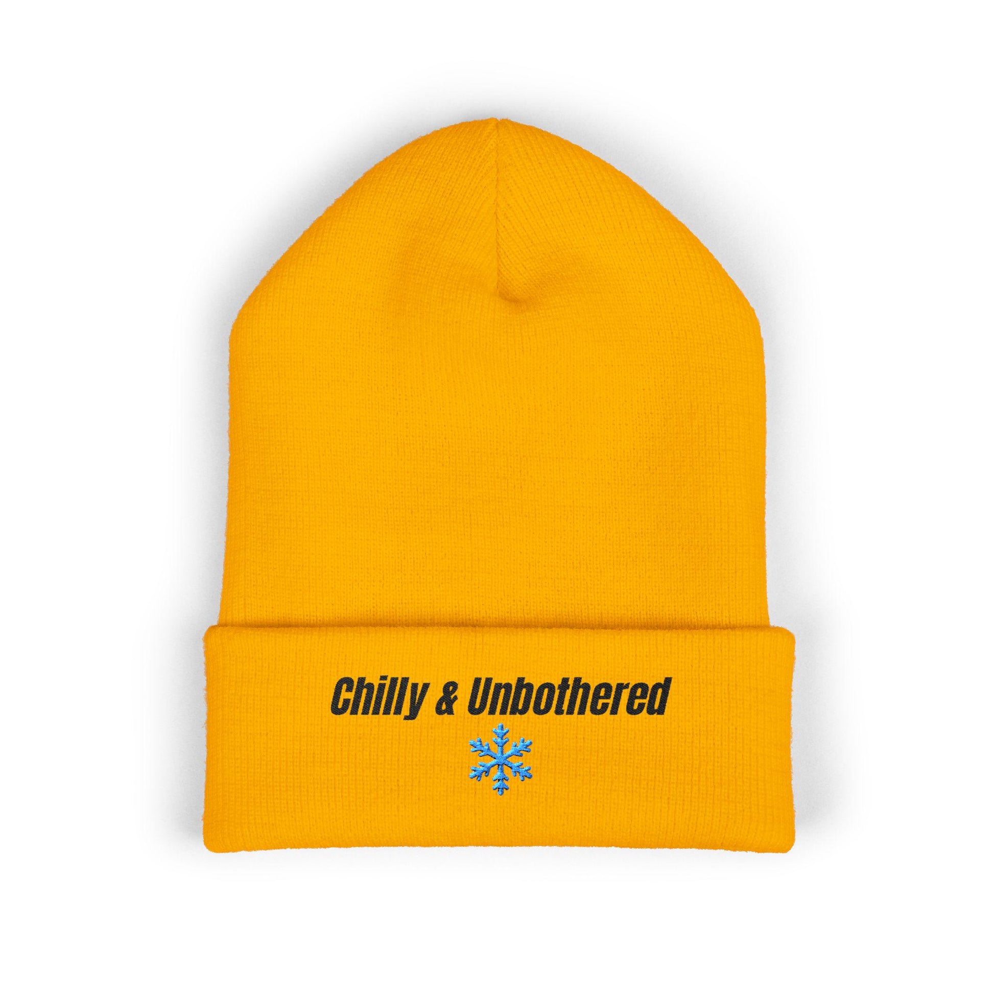 Chilly & Unbothered beanie | Embroidered cuffed knit hat, snowflake design