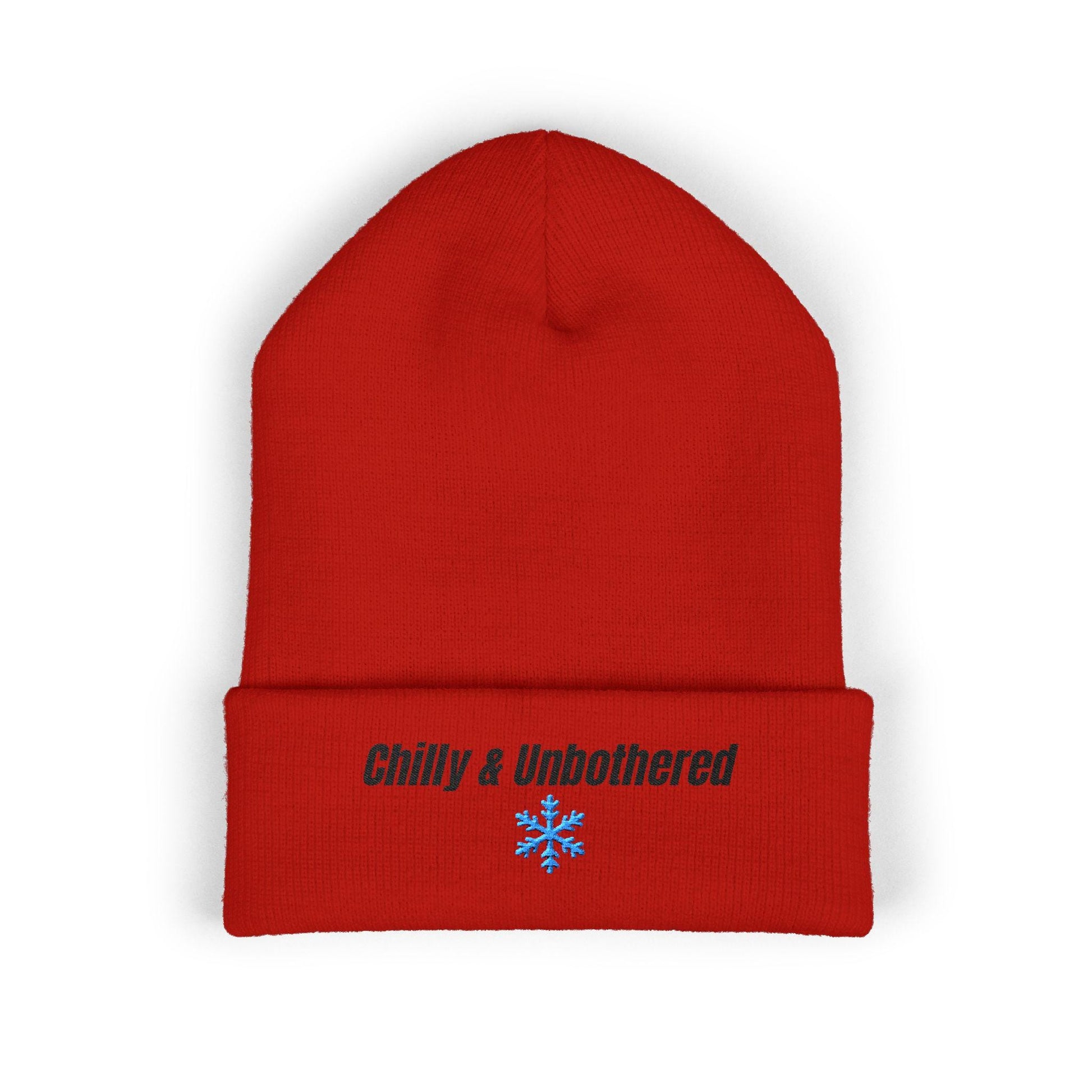 Chilly & Unbothered beanie | Embroidered cuffed knit hat, snowflake design