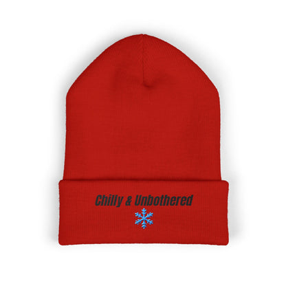 Chilly & Unbothered beanie | Embroidered cuffed knit hat, snowflake design