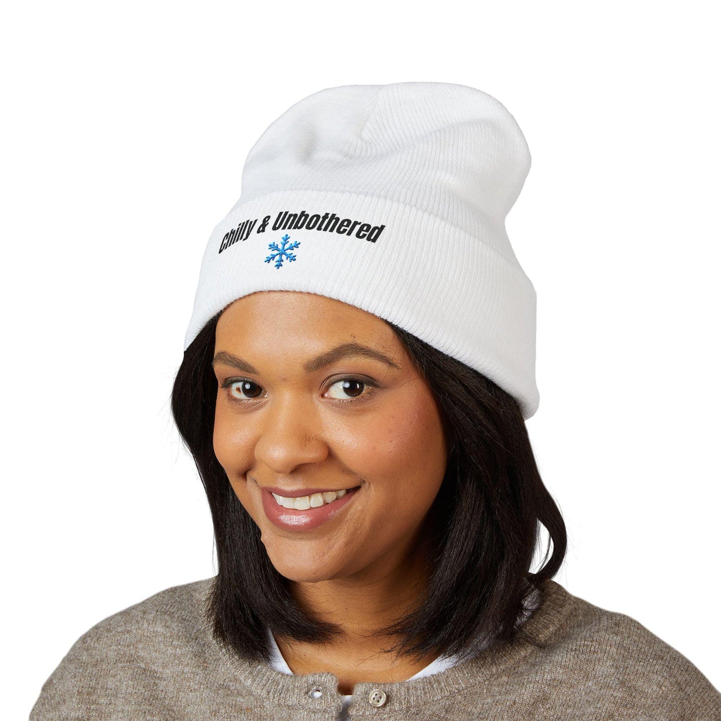 Chilly & Unbothered beanie | Embroidered cuffed knit hat, snowflake design