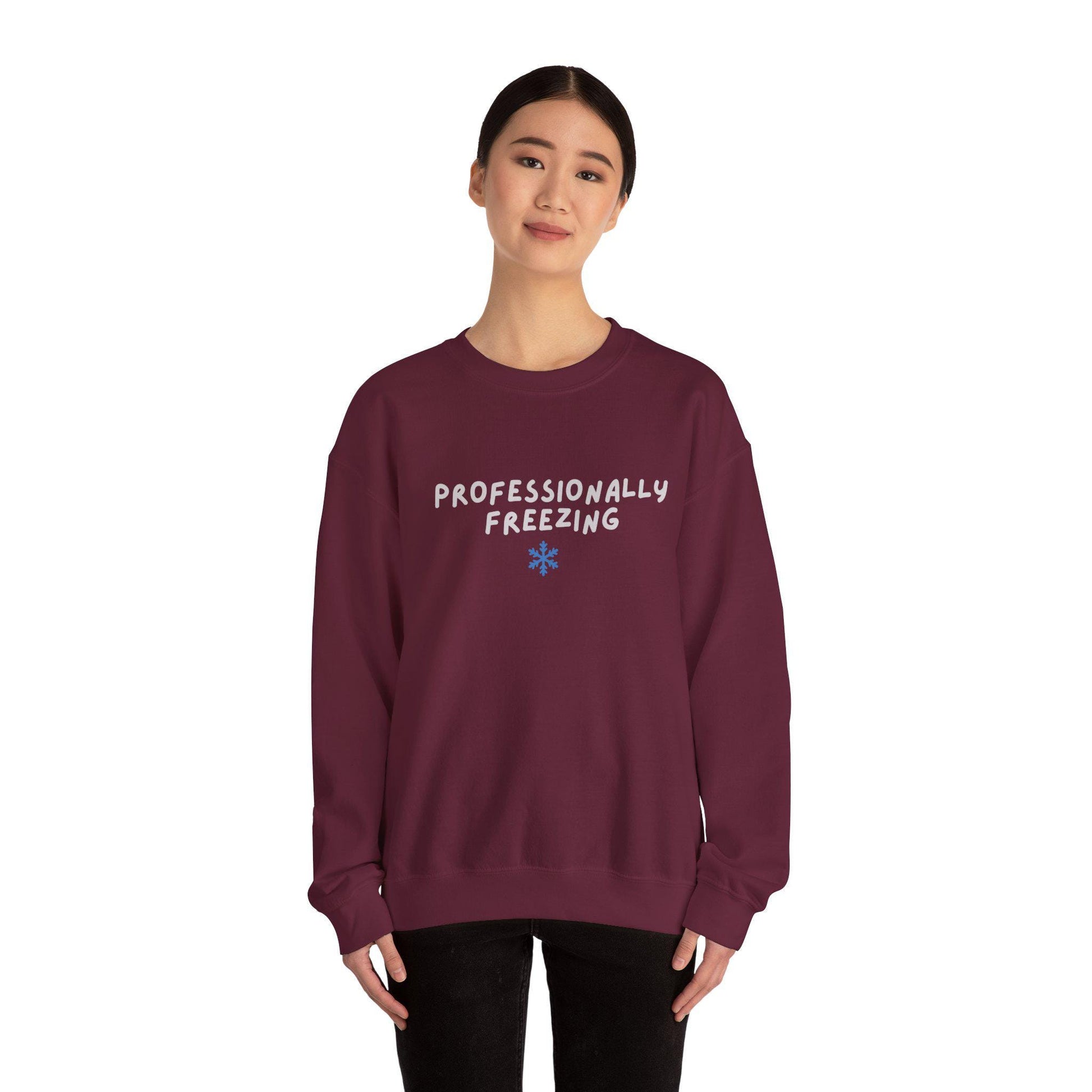 Professionally Freezing Crewneck Sweatshirt | Funny Winter Snowflake Design