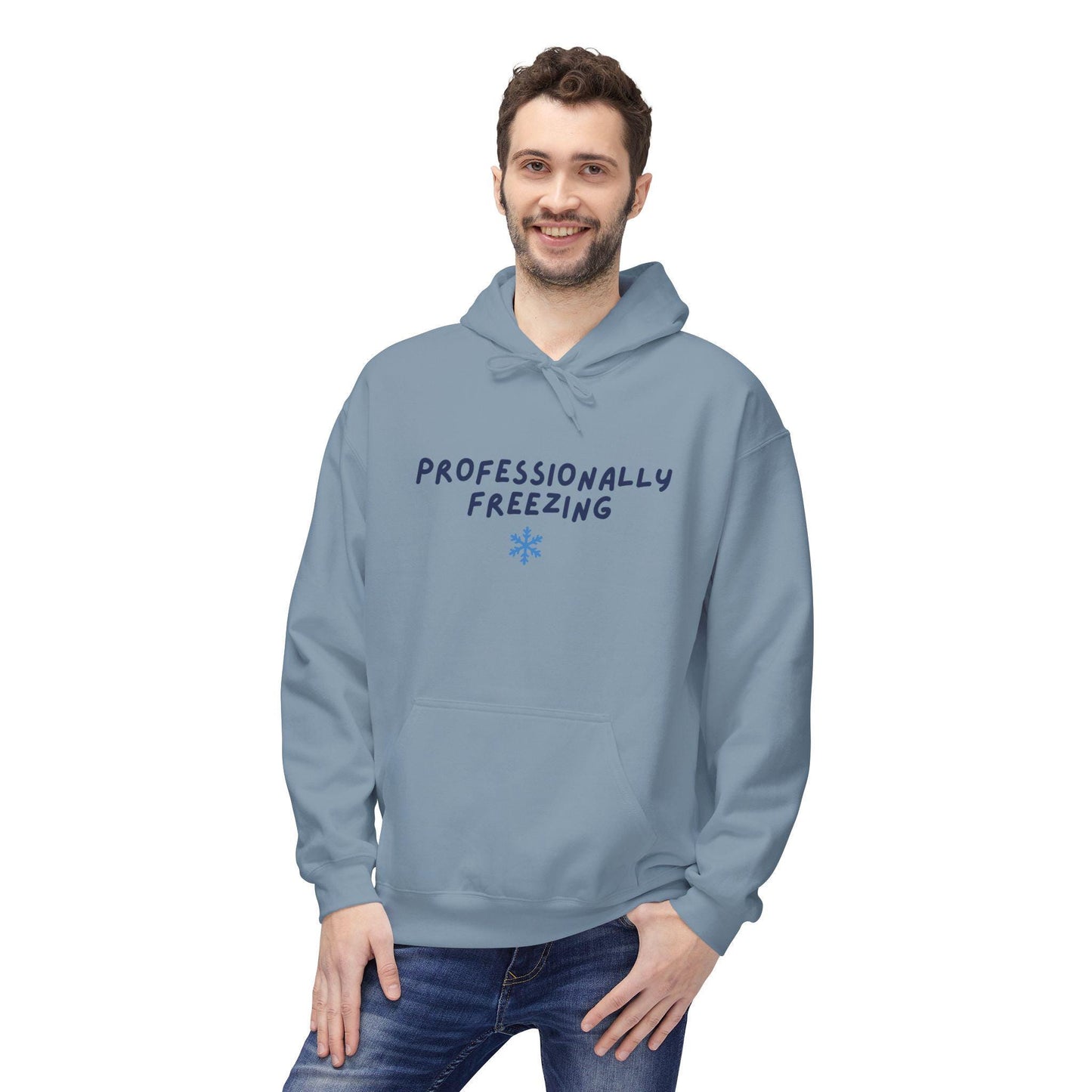 Professionally Freezing Hoodie | Handwritten Text, Snowflake Accent