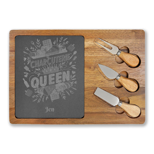 Charcuterie Queen engraved Board | Acacia wood cheese board with slate inset