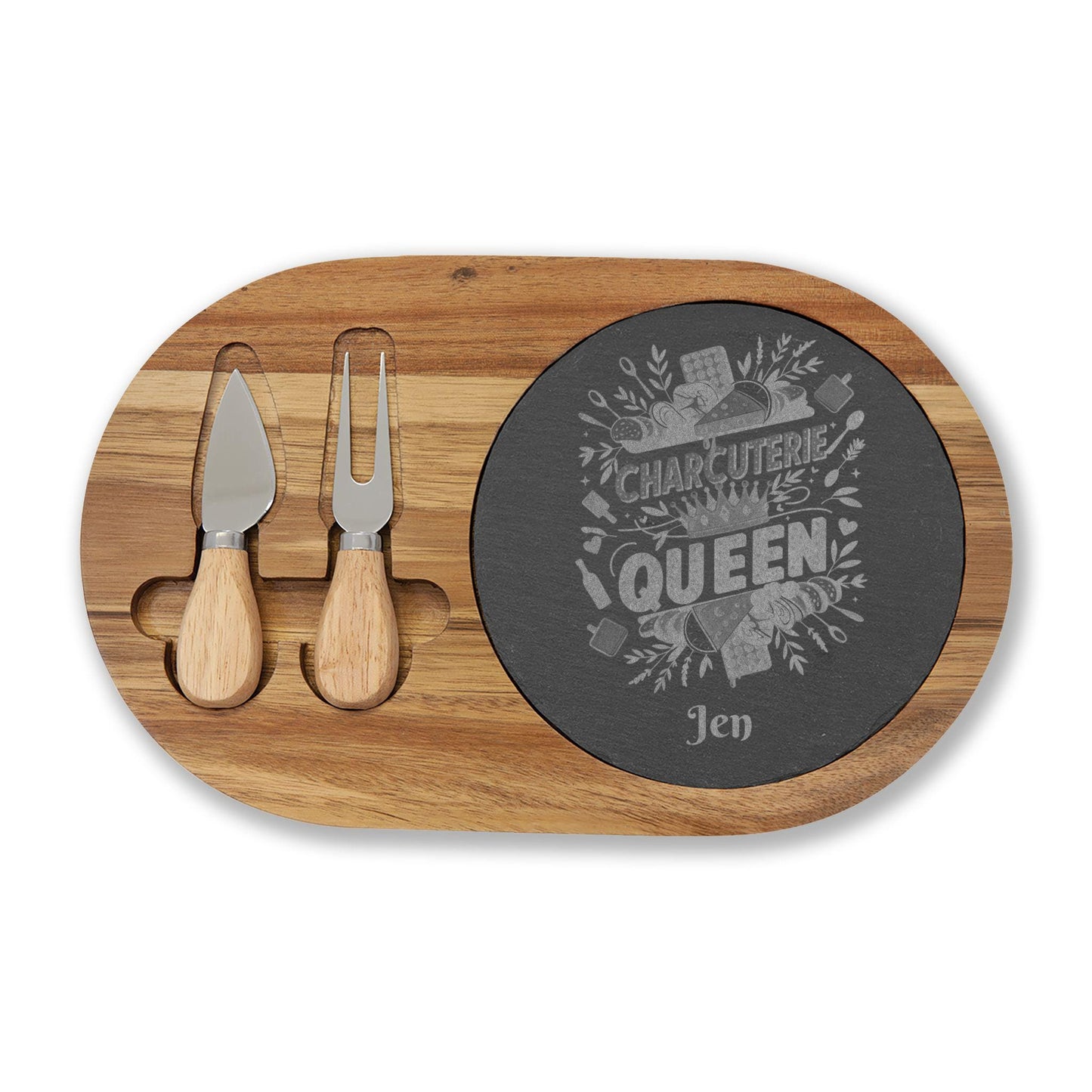 Charcuterie Queen engraved Board | Acacia wood cheese board with slate inset