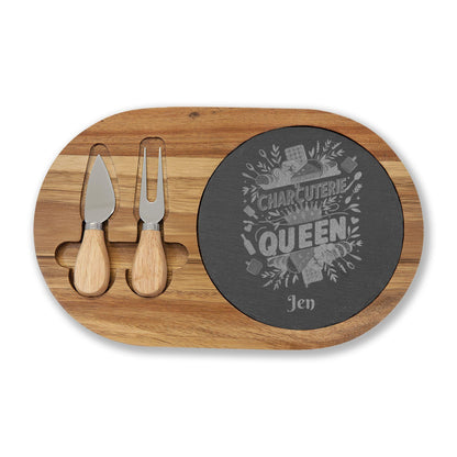Charcuterie Queen engraved Board | Acacia wood cheese board with slate inset