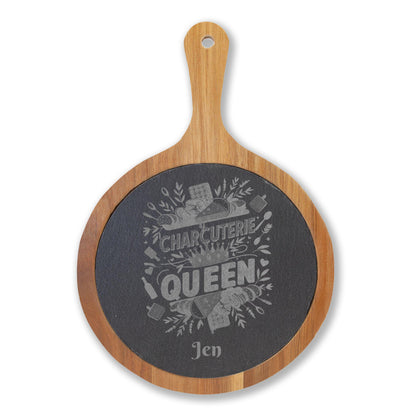 Charcuterie Queen engraved Board | Acacia wood cheese board with slate inset