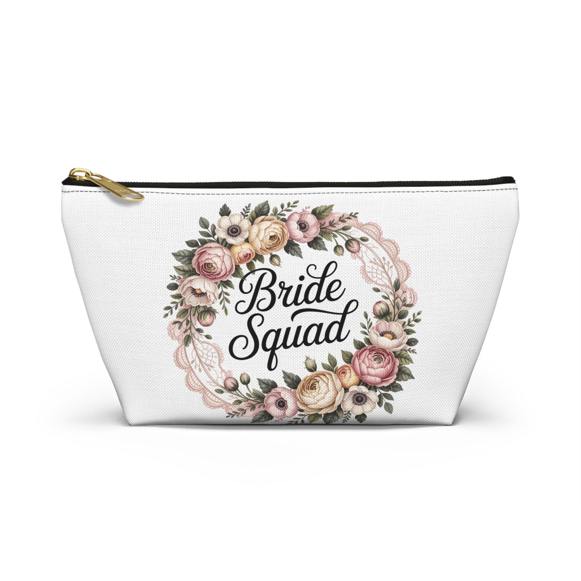 Bride Squad Accessory Pouch, Personalized Bridesmaid Makeup Bag | Floral Wreath Design