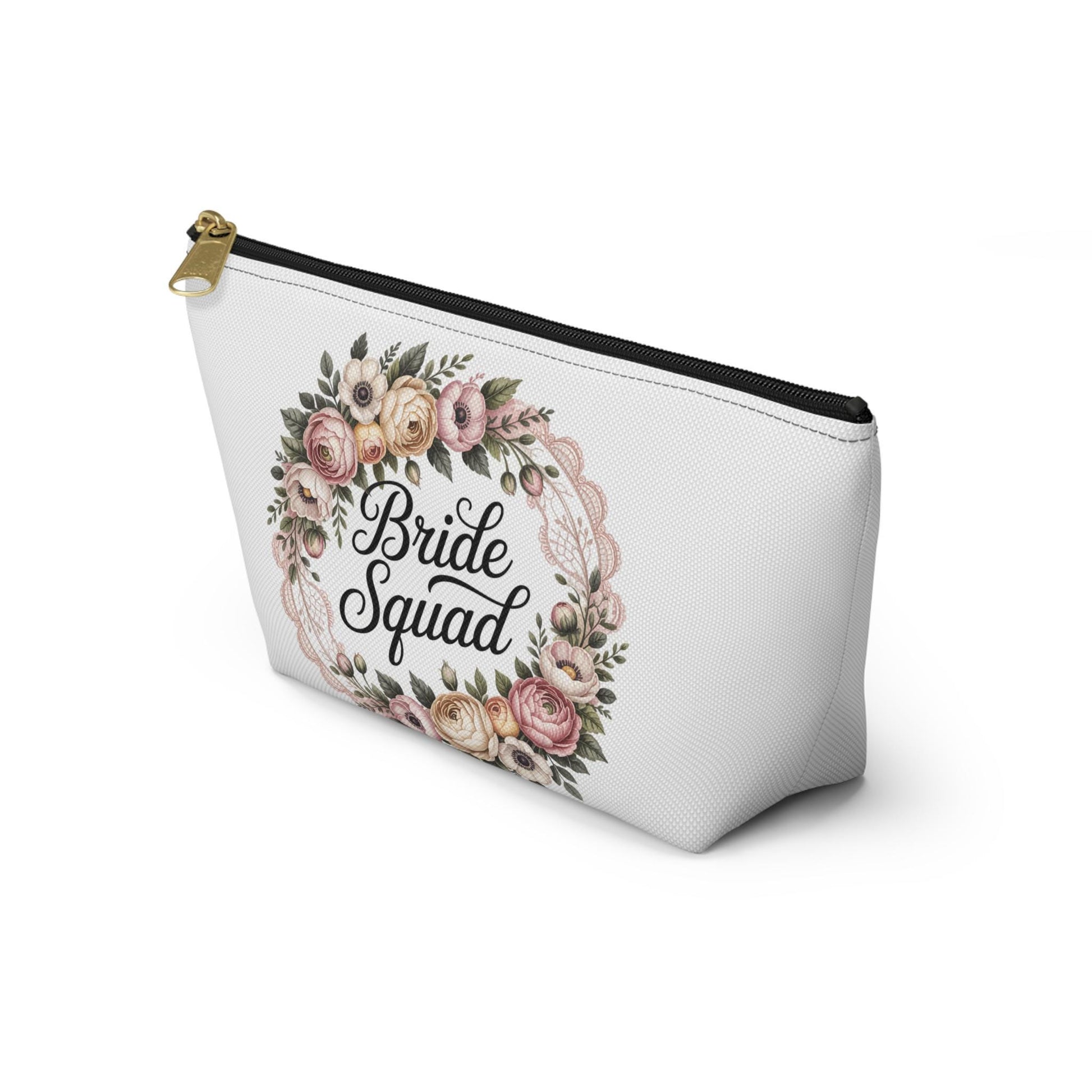 Bride Squad Accessory Pouch, Personalized Bridesmaid Makeup Bag | Floral Wreath Design