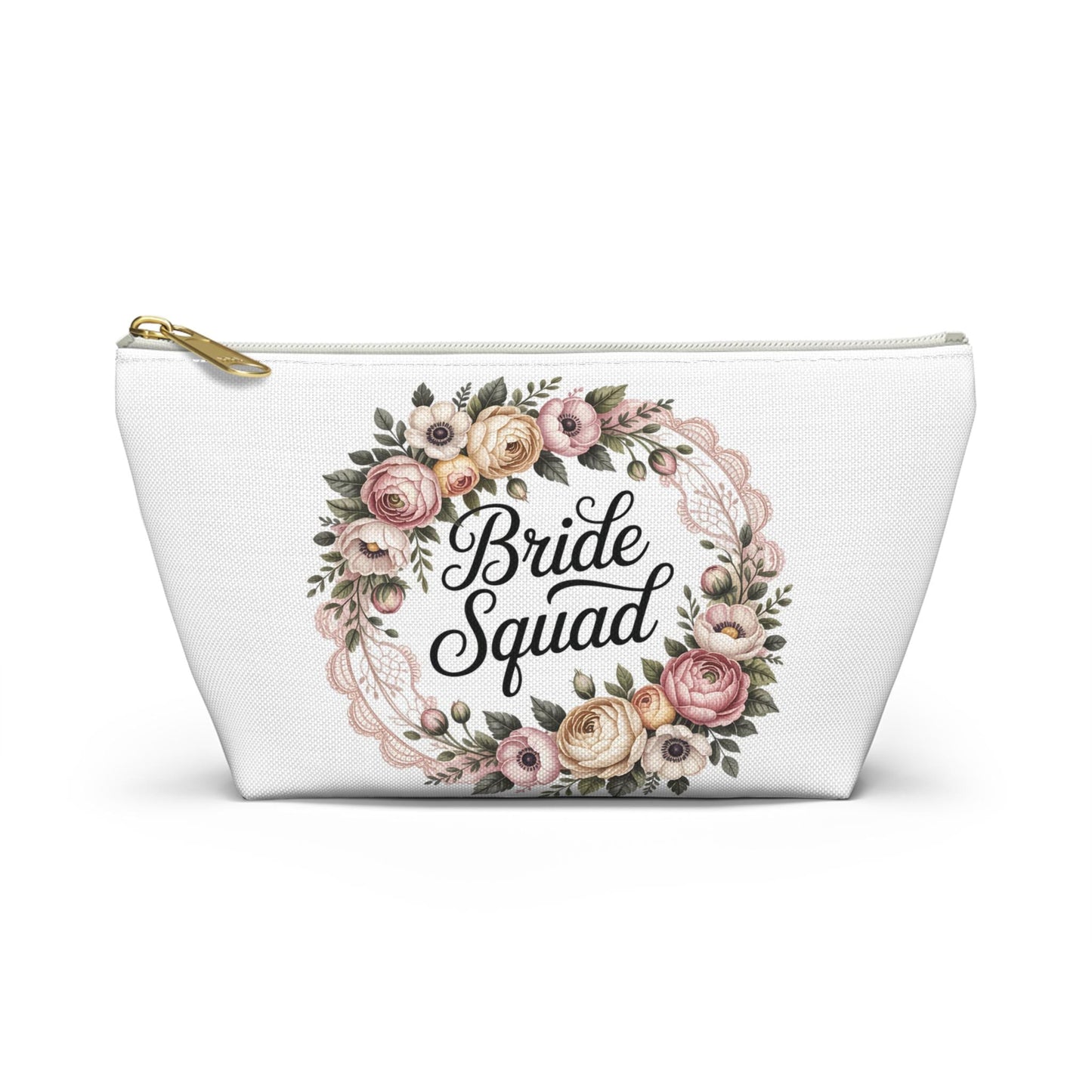 Bride Squad Accessory Pouch, Personalized Bridesmaid Makeup Bag | Floral Wreath Design