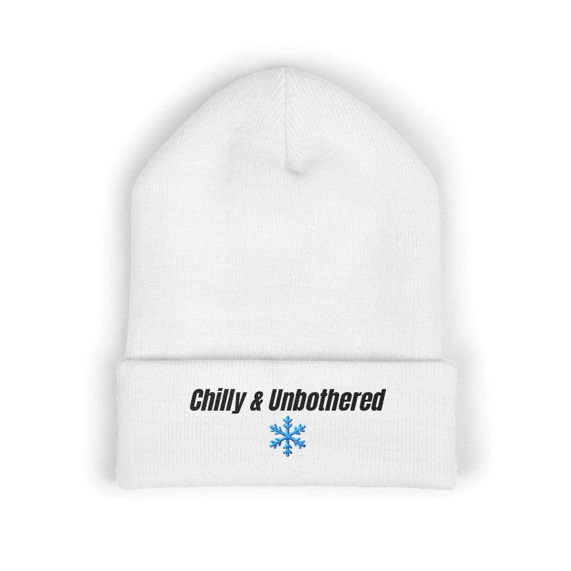 Chilly & Unbothered beanie | Embroidered cuffed knit hat, snowflake design