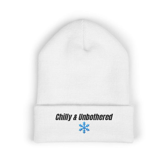 Chilly & Unbothered beanie | Embroidered cuffed knit hat, snowflake design