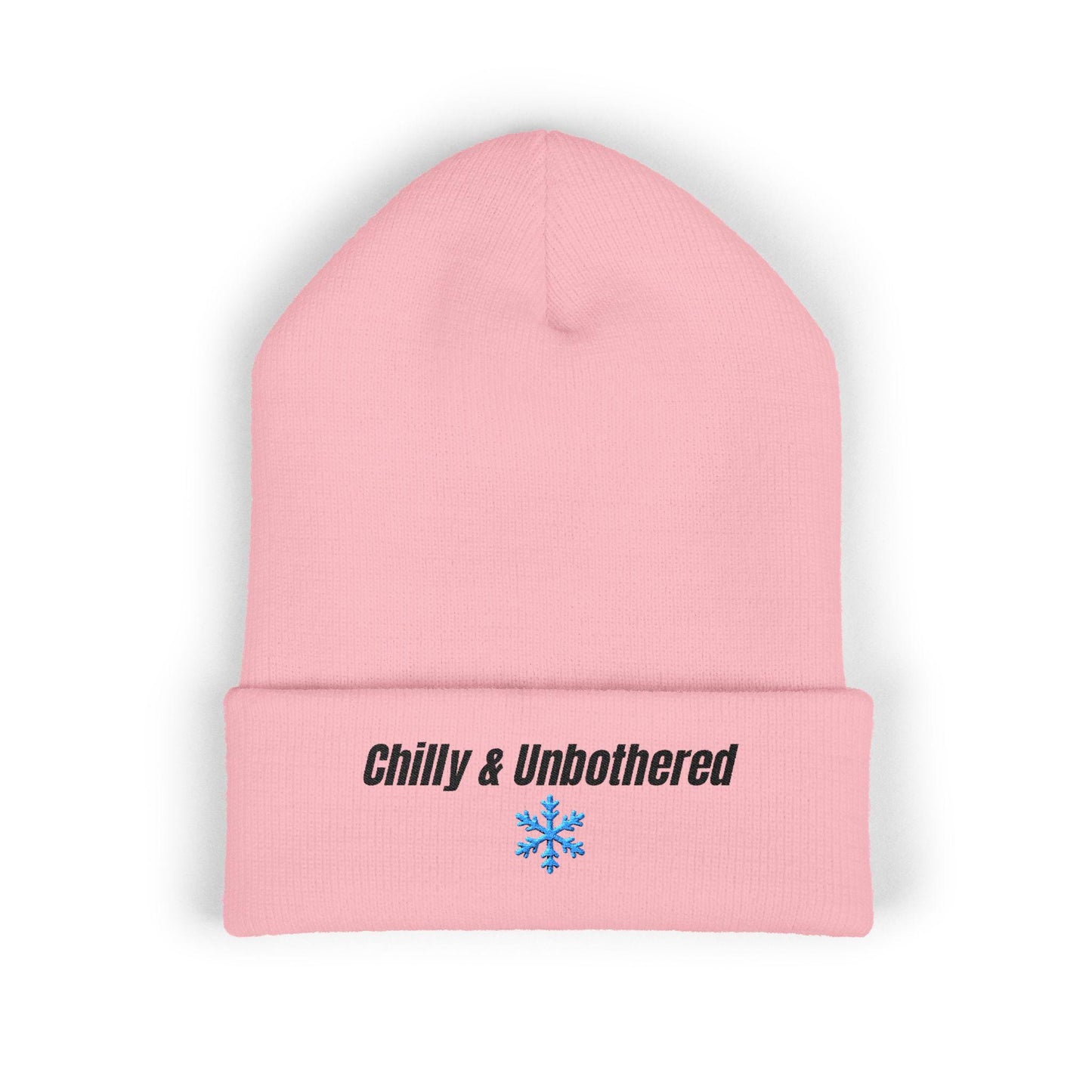 Chilly & Unbothered beanie | Embroidered cuffed knit hat, snowflake design