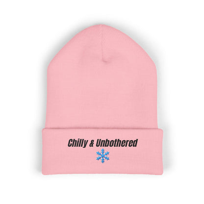 Chilly & Unbothered beanie | Embroidered cuffed knit hat, snowflake design