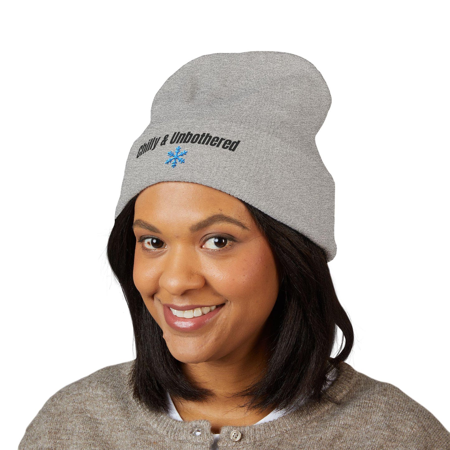 Chilly & Unbothered beanie | Embroidered cuffed knit hat, snowflake design