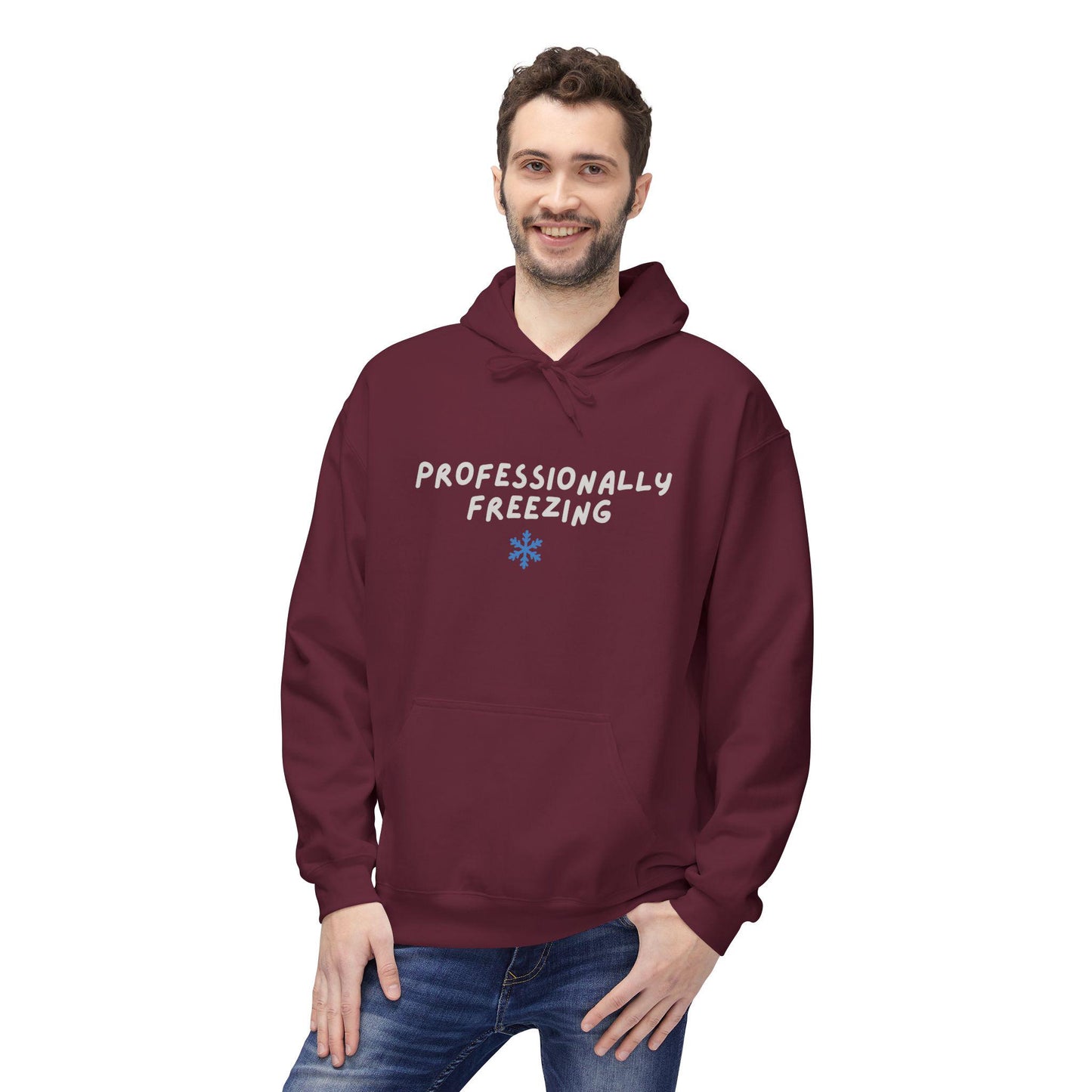 Professionally Freezing Hoodie | Handwritten Text, Snowflake Accent