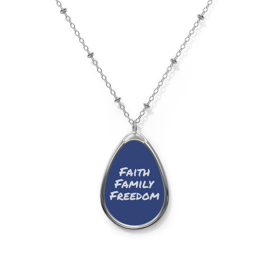 Faith Family Freedom Oval Necklace | Teardrop Pendant, Blue Enamel