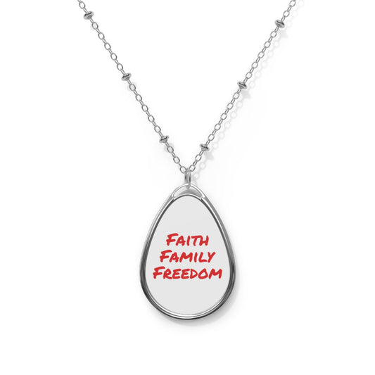 Faith Family Freedom Oval Necklace | Teardrop Pendant, White Enamel