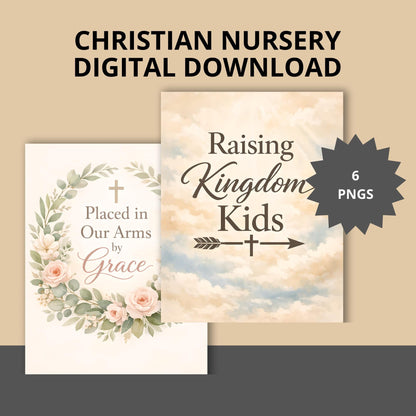 Christian Nursery Wall Art Set of 6, Neutral Floral Faith Based Prints, Boho Art