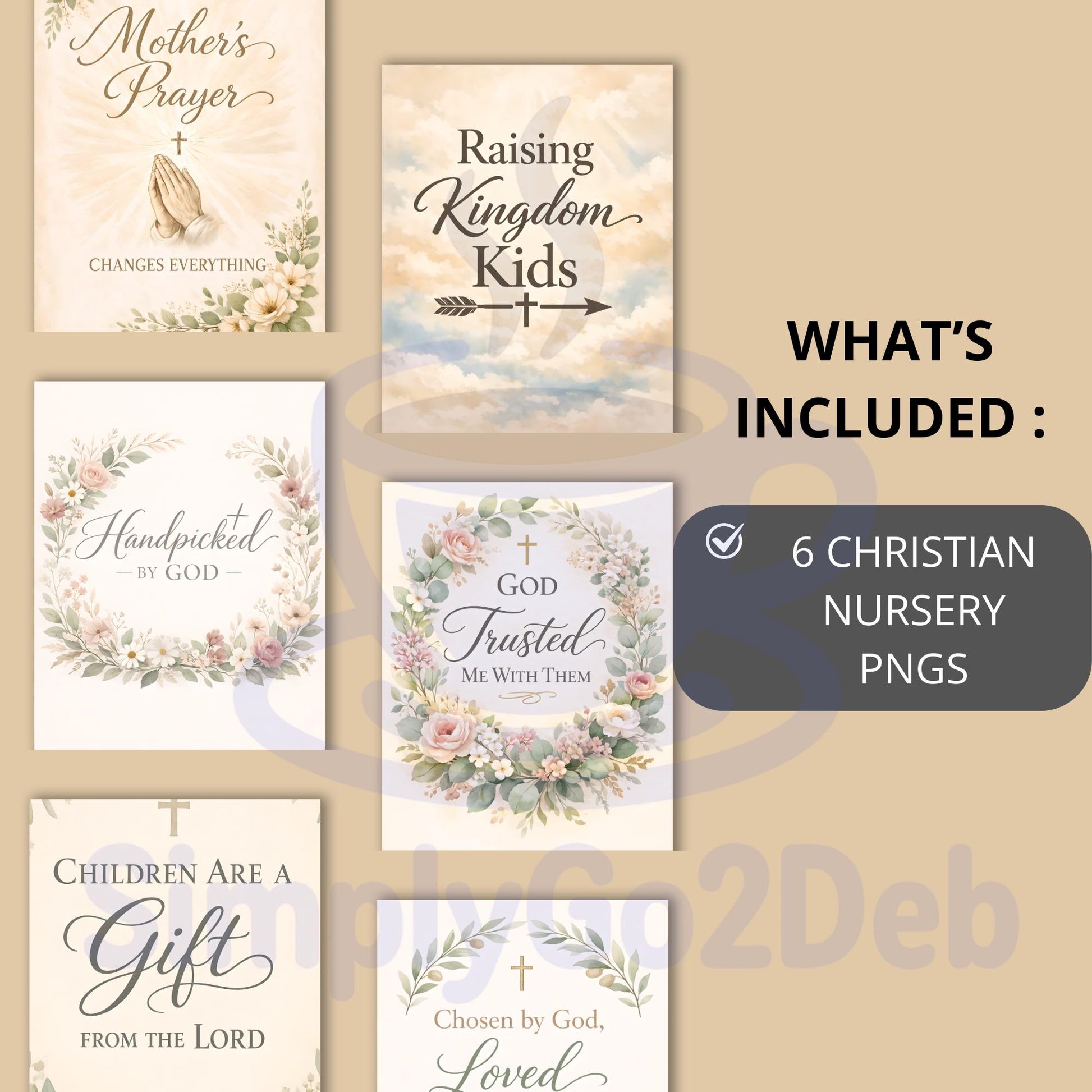 Christian Nursery Wall Art Set of 6, Neutral Floral Faith Based Prints, Boho Art