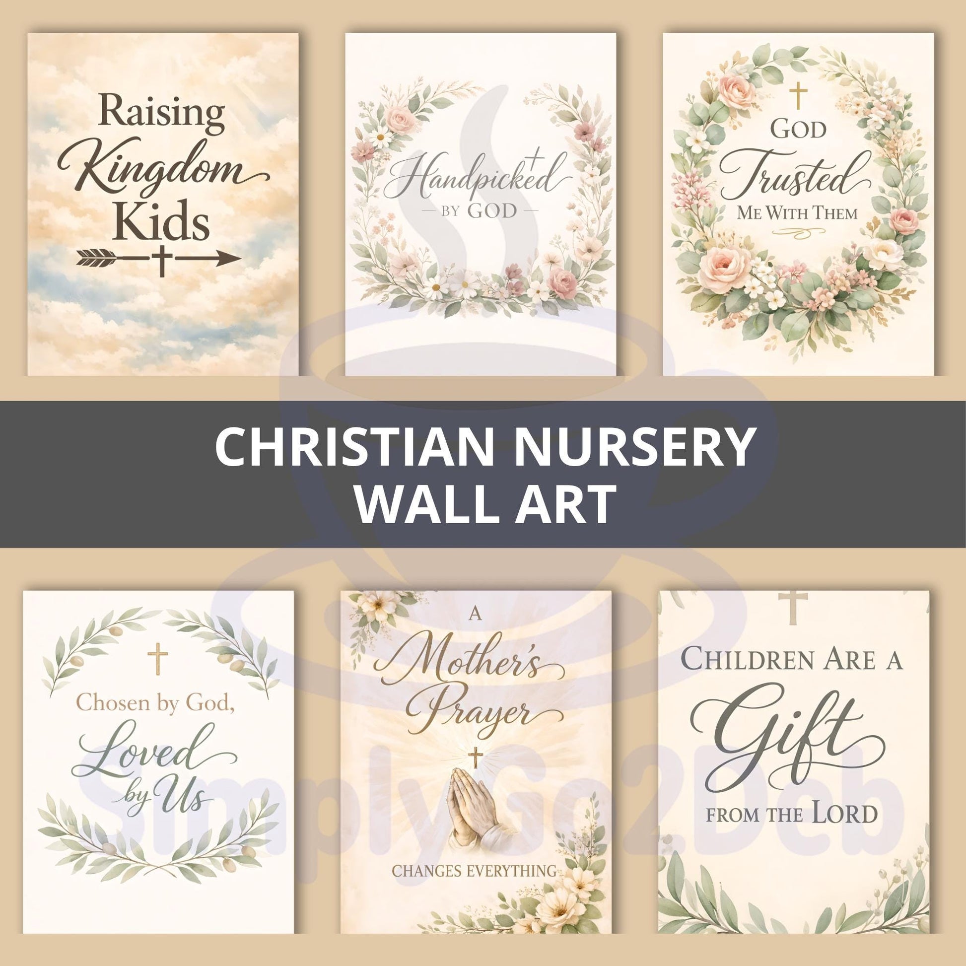 Christian Nursery Wall Art Set of 6, Neutral Floral Faith Based Prints, Boho Art