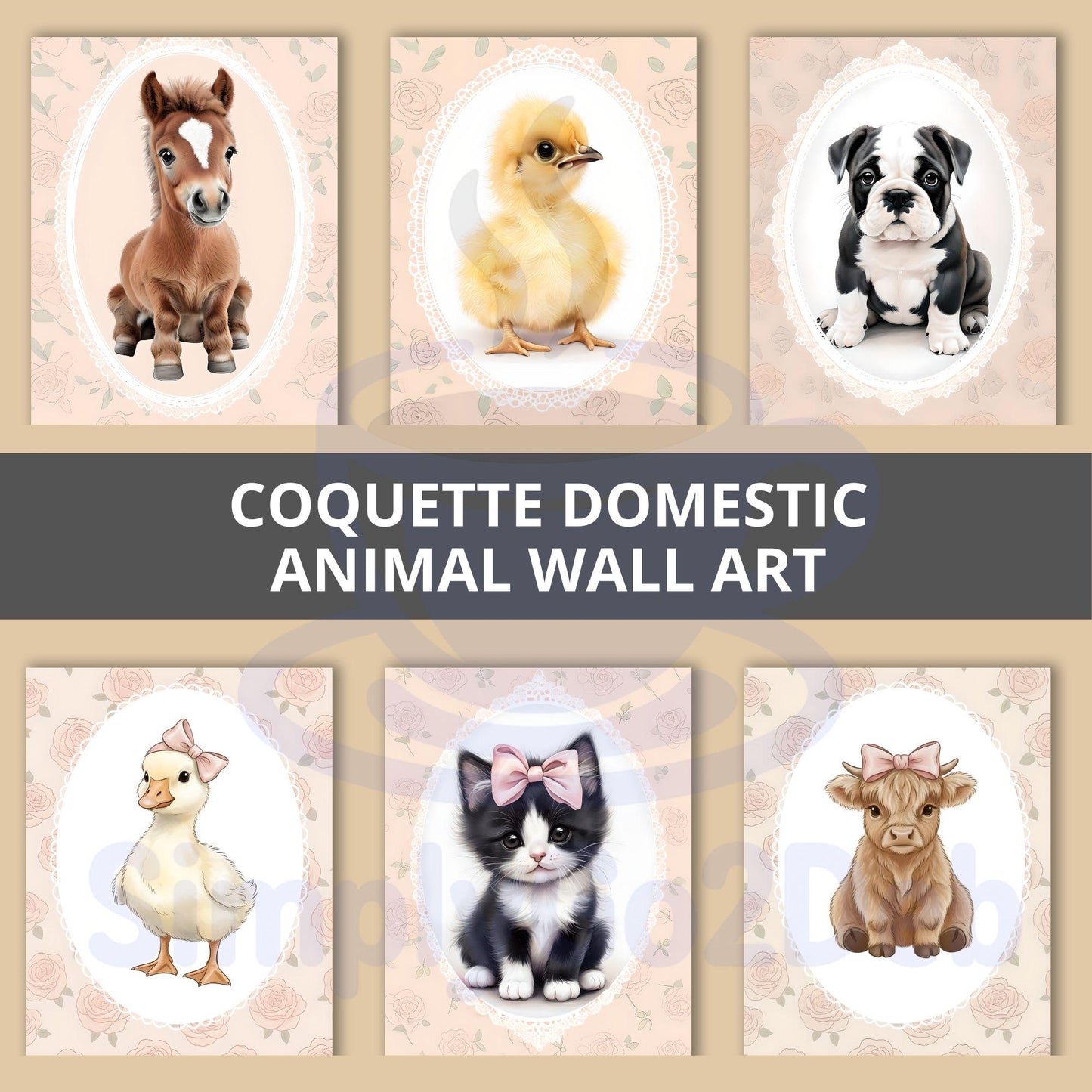 Coquette Baby Animal Nursery Wall Art, Pink Decor Set - Set of 14